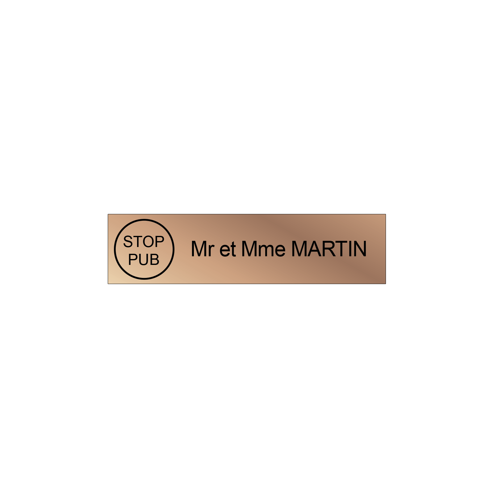Étiquette Nom Stop Pub boîte aux lettres personnalisée par gravure laser · 100x25x0,8 mm · cuivre lettres noires - 1 ligne