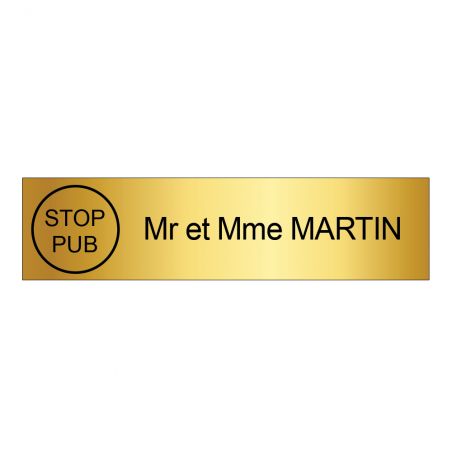 Étiquette Nom Stop Pub boîte aux lettres personnalisée par gravure laser · 100x25x0,8 mm · or brossé lettres noires - 1 ligne