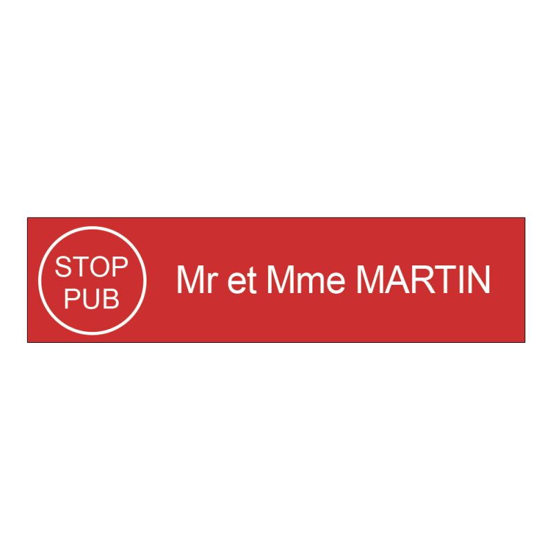 Étiquette Nom Stop Pub boîte aux lettres personnalisée par gravure laser · 100x25x0,8 mm · rouge lettres blanches - 1 ligne Étiquette Nom Stop Pub boîte aux lettres personnalisée par gravure laser · 100x25x0,8 mm · rouge lettres blanches - 1 ligne