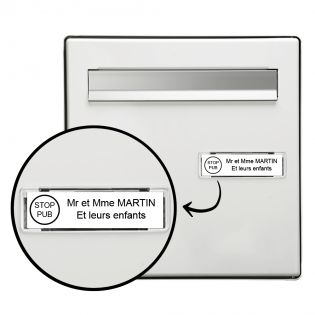 Étiquette Nom Stop Pub boîte aux lettres personnalisée par gravure laser · 100x25x0,8 mm · blanche lettres noires - 2 lignes