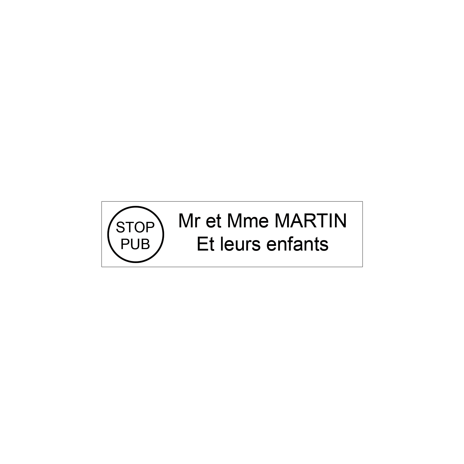 Étiquette Nom Stop Pub boîte aux lettres personnalisée par gravure laser · 100x25x0,8 mm · blanche lettres noires - 2 lignes