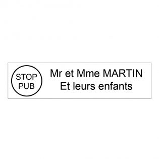 Étiquette Nom Stop Pub boîte aux lettres personnalisée par gravure laser · 100x25x0,8 mm · blanche lettres noires - 2 lignes