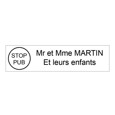 Étiquette Nom Stop Pub boîte aux lettres personnalisée par gravure laser · 100x25x0,8 mm · blanche lettres noires - 2 lignes