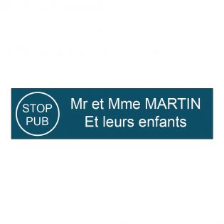 Étiquette Nom Stop Pub boîte aux lettres personnalisée par gravure laser · 100x25x0,8 mm · bleue lettres blanches - 2 lignes