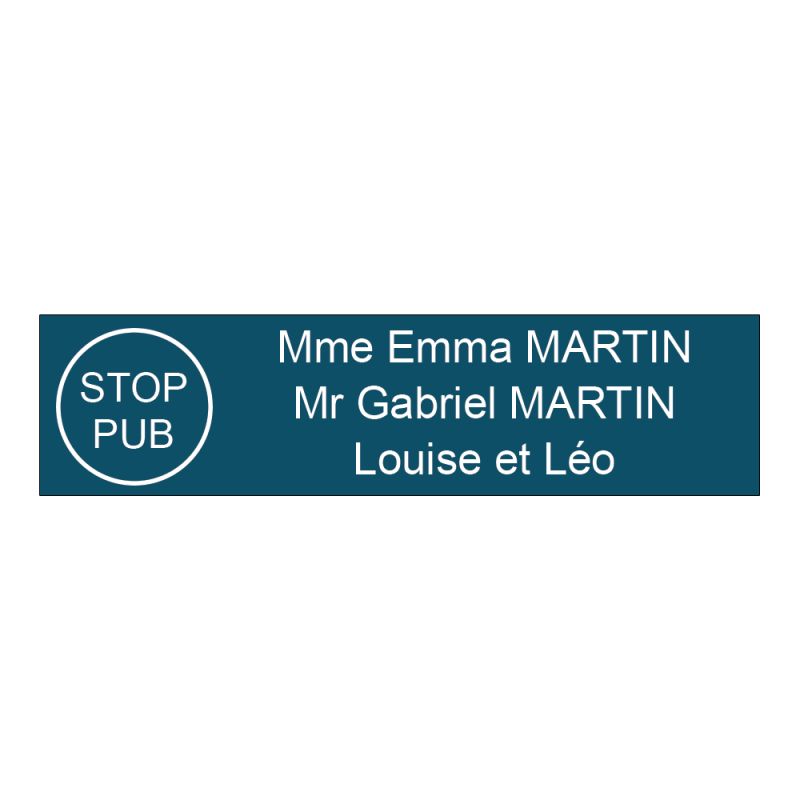 Étiquette Nom Stop Pub boîte aux lettres personnalisée par gravure laser · 100x25x0,8 mm · bleue lettres blanches - 3 lignes