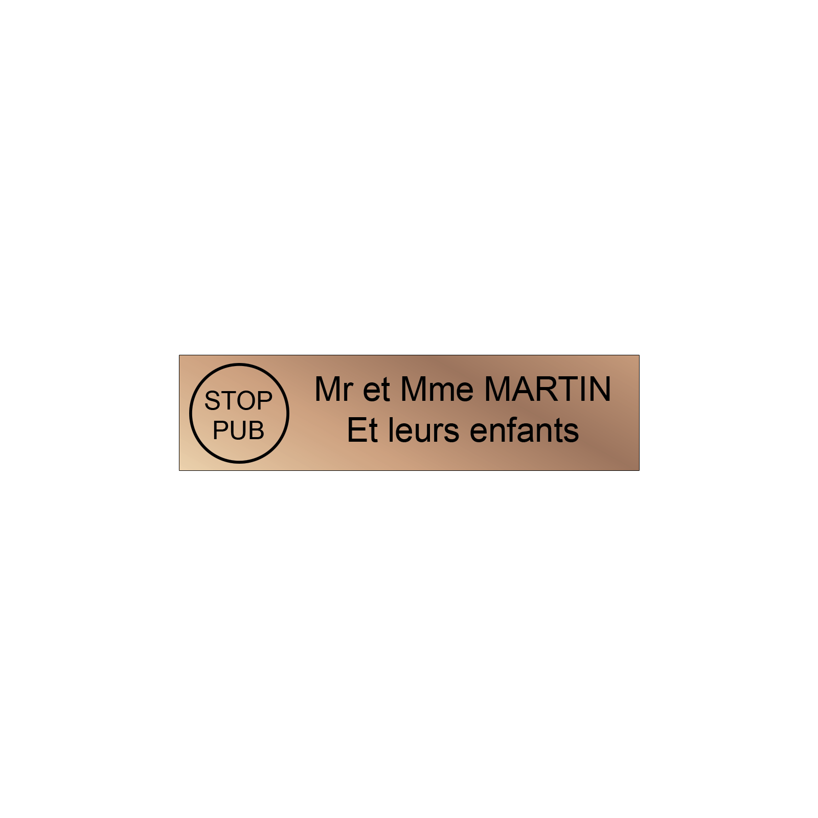 Étiquette Nom Stop Pub boîte aux lettres personnalisée par gravure laser · 100x25x0,8 mm · cuivre lettres noires - 2 lignes