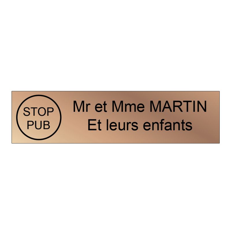 Étiquette Nom Stop Pub boîte aux lettres personnalisée par gravure laser · 100x25x0,8 mm · cuivre lettres noires - 2 lignes