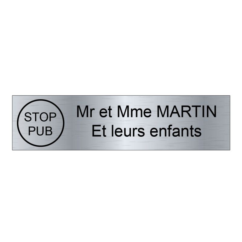 Étiquette Nom Stop Pub boîte aux lettres personnalisée par gravure laser · 100x25x0,8 mm · gris argent lettres noires - 2 lignes Étiquette Nom Stop Pub boîte aux lettres personnalisée par gravure laser · 100x25x0,8 mm · gris argent lettres noires - 2 lignes