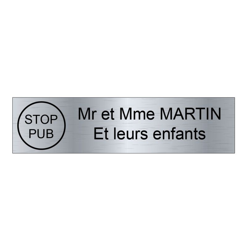 Étiquette Nom Stop Pub boîte aux lettres personnalisée par gravure laser · 100x25x0,8 mm · gris argent lettres noires - 2 lignes