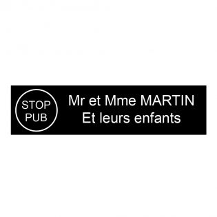 Étiquette Nom Stop Pub boîte aux lettres personnalisée par gravure laser · 100x25x0,8 mm · noire lettres blanches - 2 lignes