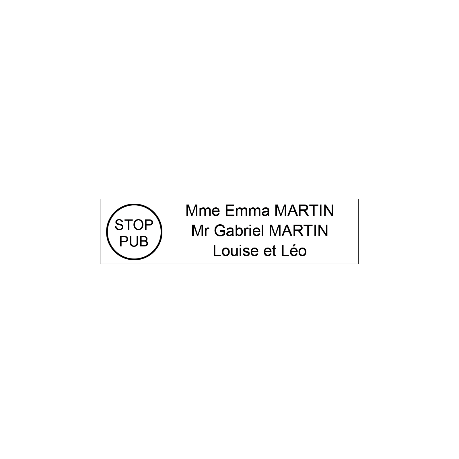 Étiquette Nom Stop Pub boîte aux lettres personnalisée par gravure laser · 100x25x0,8 mm · blanche lettres noires - 3 lignes