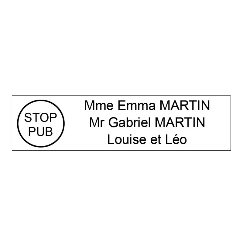 Étiquette Nom Stop Pub boîte aux lettres personnalisée par gravure laser · 100x25x0,8 mm · blanche lettres noires - 3 lignes