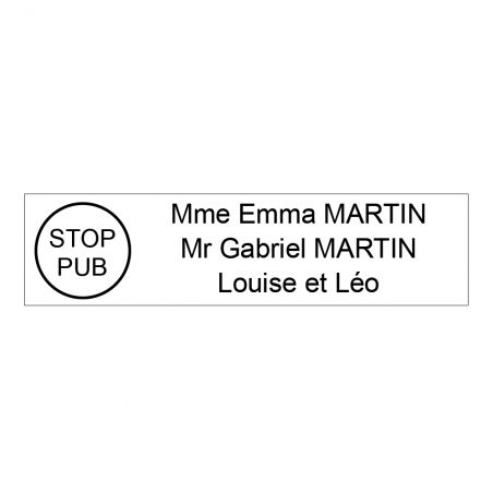 Étiquette Nom Stop Pub boîte aux lettres personnalisée par gravure laser · 100x25x0,8 mm · blanche lettres noires - 3 lignes