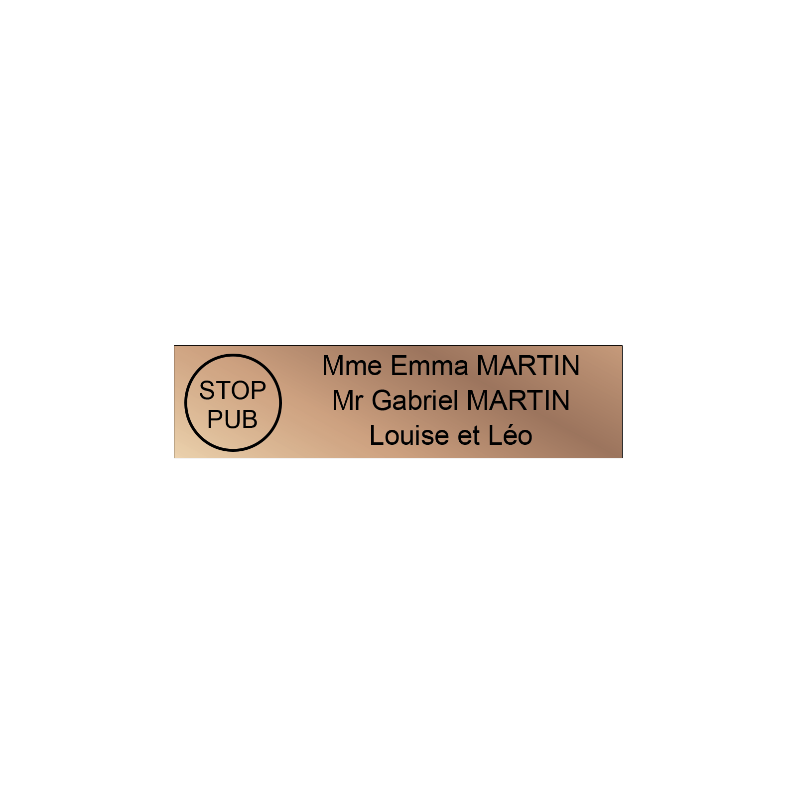 Étiquette Nom Stop Pub boîte aux lettres personnalisée par gravure laser · 100x25x0,8 mm · cuivre lettres noires - 3 lignes