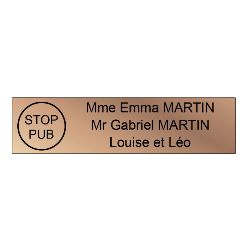 Étiquette Nom Stop Pub boîte aux lettres personnalisée par gravure laser · 100x25x0,8 mm · cuivre lettres noires - 3 lignes
