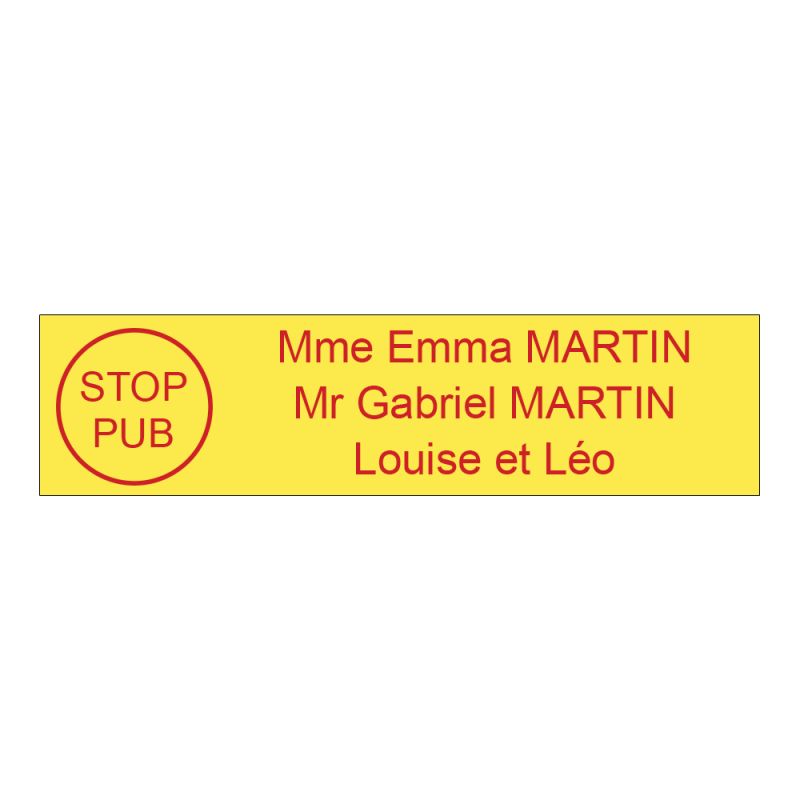 Étiquette Nom Stop Pub boîte aux lettres personnalisée par gravure laser · 100x25x0,8 mm · Jaune lettres rouges - 3 lignes