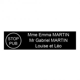 Étiquette Nom Stop Pub boîte aux lettres personnalisée par gravure laser · 100x25x0,8 mm · noire lettres blanches - 3 lignes