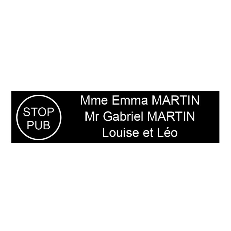 Étiquette Nom Stop Pub boîte aux lettres personnalisée par gravure laser · 100x25x0,8 mm · noire lettres blanches - 3 lignes
