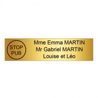Étiquette Nom Stop Pub boîte aux lettres personnalisée par gravure laser · 100x25x0,8 mm · or brossé lettres noires - 3 lignes