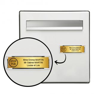 Étiquette Nom Stop Pub boîte aux lettres personnalisée par gravure laser · 100x25x0,8 mm · or brossé lettres noires - 3 lignes