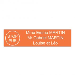 Étiquette Nom Stop Pub boîte aux lettres personnalisée par gravure laser · 100x25x0,8 mm · orange lettres blanches - 3 lignes