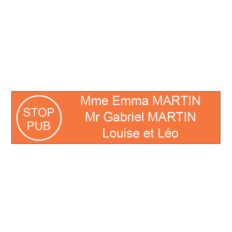 Étiquette Nom Stop Pub boîte aux lettres personnalisée par gravure laser · 100x25x0,8 mm · orange lettres blanches - 3 lignes