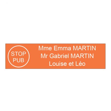 Étiquette Nom Stop Pub boîte aux lettres personnalisée par gravure laser · 100x25x0,8 mm · orange lettres blanches - 3 lignes