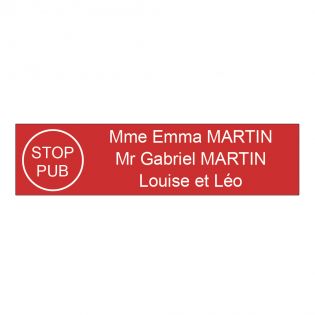 Étiquette Nom Stop Pub boîte aux lettres personnalisée par gravure laser · 100x25x0,8 mm · rouge lettres blanches - 3 lignes