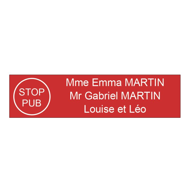 Étiquette Nom Stop Pub boîte aux lettres personnalisée par gravure laser · 100x25x0,8 mm · rouge lettres blanches - 3 lignes