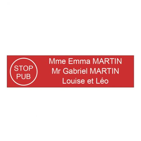 Étiquette Nom Stop Pub boîte aux lettres personnalisée par gravure laser · 100x25x0,8 mm · rouge lettres blanches - 3 lignes