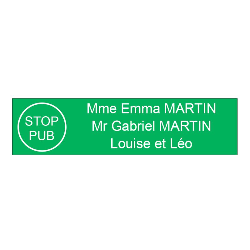 Étiquette Nom Stop Pub boîte aux lettres personnalisée par gravure laser · 100x25x0,8 mm · vert clair lettre blanche - 3 lignes Étiquette Nom Stop Pub boîte aux lettres personnalisée par gravure laser · 100x25x0,8 mm · vert clair lettre blanche - 3 lignes