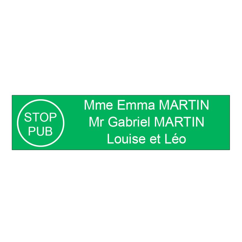 Étiquette Nom Stop Pub boîte aux lettres personnalisée par gravure laser · 100x25x0,8 mm · vert clair lettre blanche - 3 lignes