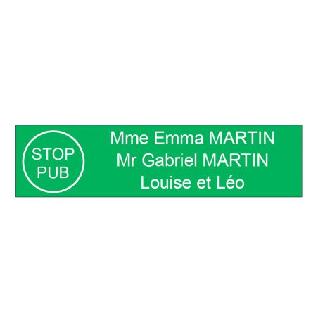 Étiquette Nom Stop Pub boîte aux lettres personnalisée par gravure laser · 100x25x0,8 mm · vert clair lettre blanche - 3 lignes