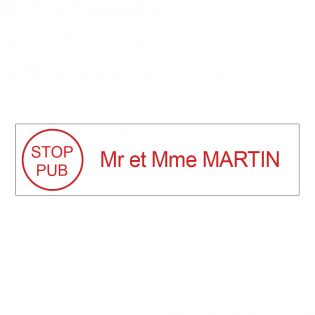 Étiquette Nom Stop Pub boîte aux lettres personnalisée par gravure laser · 100x25x0,8 mm · blanche lettres rouges - 1 ligne