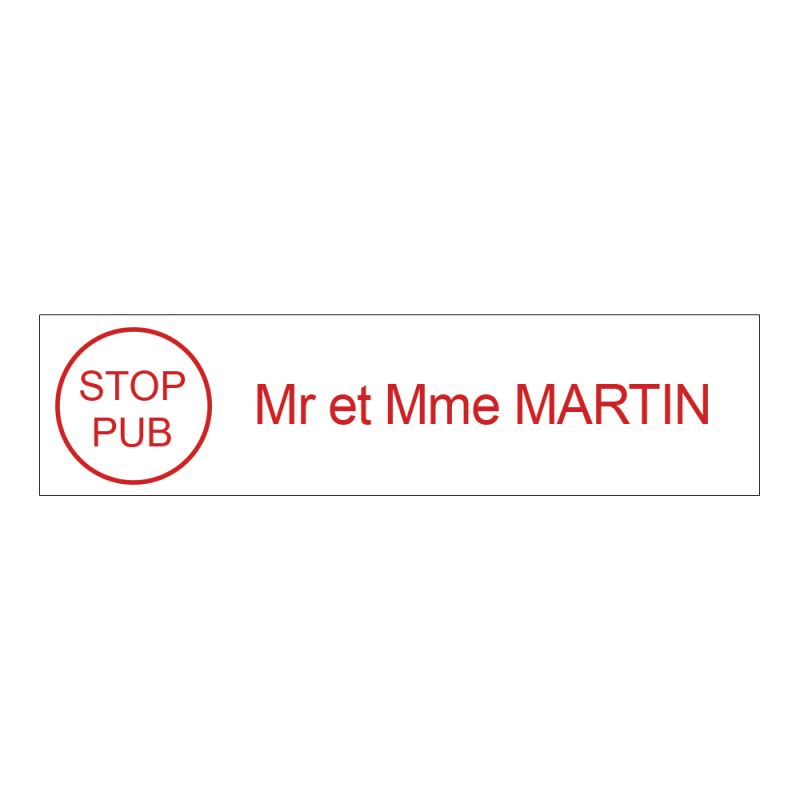 Étiquette Nom Stop Pub boîte aux lettres personnalisée par gravure laser · 100x25x0,8 mm · blanche lettres rouges - 1 ligne
