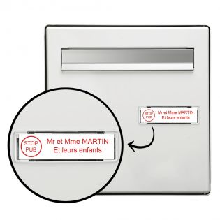 Étiquette Nom Stop Pub boîte aux lettres personnalisée par gravure laser · 100x25x0,8 mm · blanche lettres rouges - 2 lignes