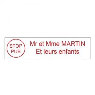 Étiquette Nom Stop Pub boîte aux lettres personnalisée par gravure laser · 100x25x0,8 mm · blanche lettres rouges - 2 lignes