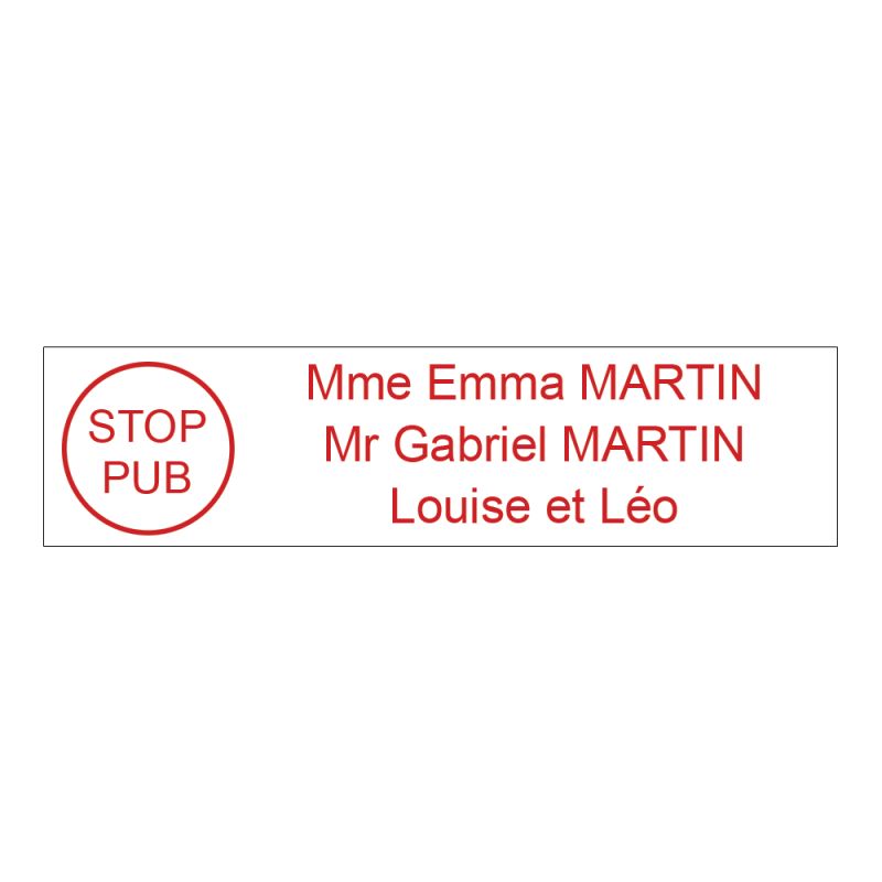 Étiquette Nom Stop Pub boîte aux lettres personnalisée par gravure laser · 100x25x0,8 mm · blanche lettres rouges - 3 lignes