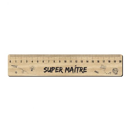 Graduated ruler 20 cm wood effect personalized with text or first name · Super Maître · End of school year gift
