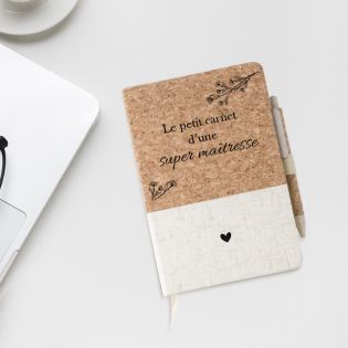 Carnet de note Super Maîtresse · Cadeau fin d'année scolaire · Couverture en liège personnalisée + stylos