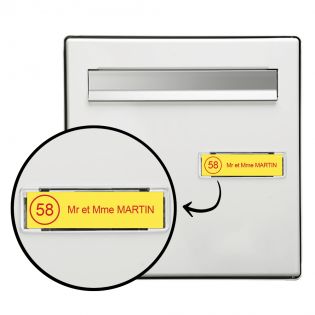 Étiquette Nom + Stop Pub personnalisable pour boîte aux lettres · 100x25x0,8 mm · Jaune lettres rouges - 1 ligne