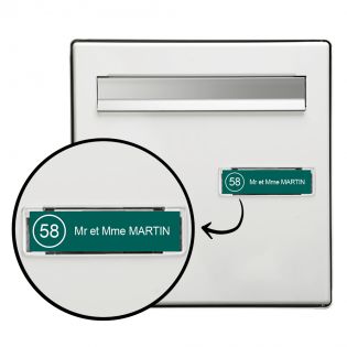 Étiquette Nom + Stop Pub personnalisable pour boîte aux lettres · 100x25x0,8 mm · Vert foncé lettres blanches - 1 ligne