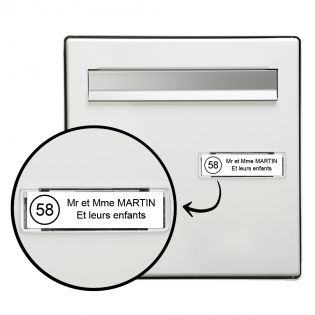 Étiquette Nom + Stop Pub personnalisable pour boîte aux lettres · 100x25x0,8 mm · Blanche lettres noires - 2 lignes