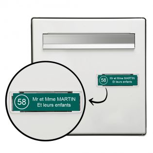 Étiquette Nom + Stop Pub personnalisable pour boîte aux lettres · 100x25x0,8 mm · Vert foncé lettres blanches - 2 lignes