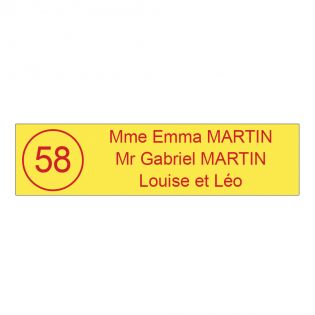 Étiquette Nom + Stop Pub personnalisable pour boîte aux lettres · 100x25x0,8 mm · Jaune lettres rouges - 3 lignes