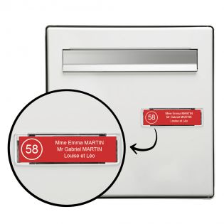 Étiquette Nom + Stop Pub personnalisable pour boîte aux lettres · 100x25x0,8 mm · Rouge lettres blanches - 3 lignes