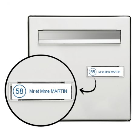 Étiquette Nom + Stop Pub personnalisable pour boîte aux lettres · 100x25x0,8 mm · Blanc lettres bleues - 1 ligne