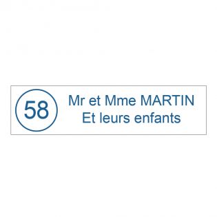 Étiquette Nom + Stop Pub personnalisable pour boîte aux lettres · 100x25x0,8 mm ·Blanc lettres bleues - 2 lignes