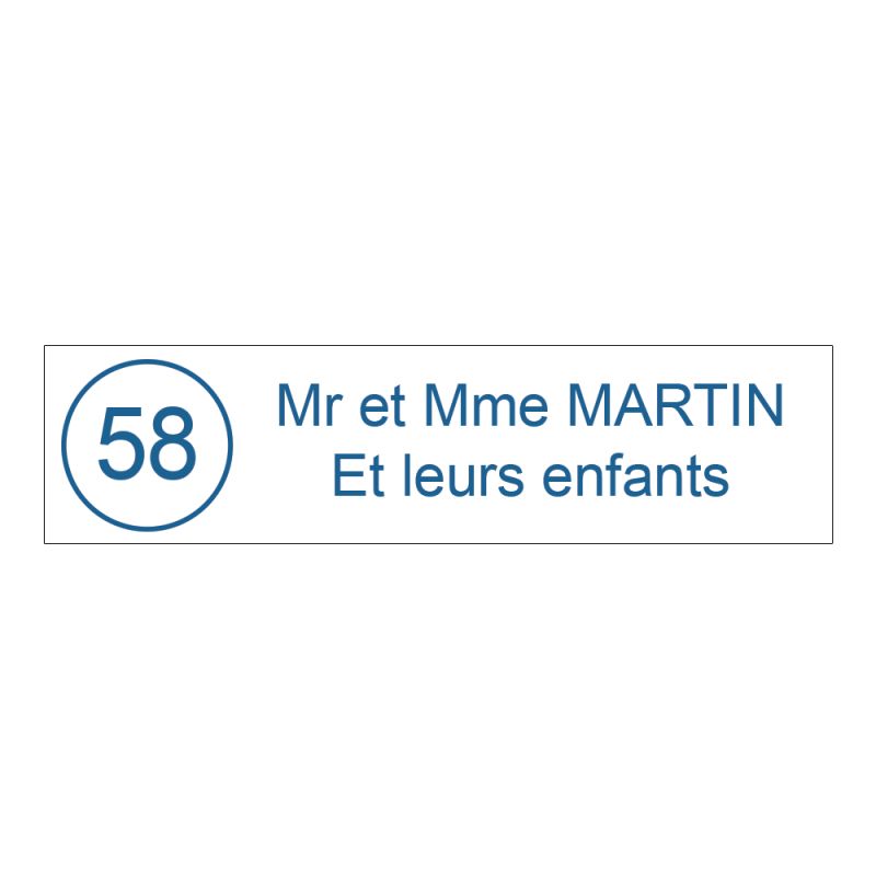 Étiquette Nom + Stop Pub personnalisable pour boîte aux lettres · 100x25x0,8 mm ·Blanc lettres bleues - 2 lignes Étiquette Nom + Stop Pub personnalisable pour boîte aux lettres · 100x25x0,8 mm ·Blanc lettres bleues - 2 lignes