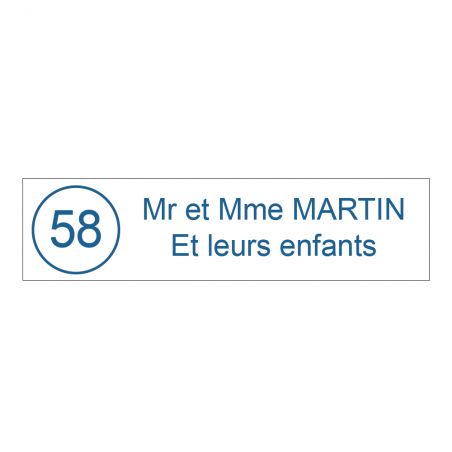 Étiquette Nom + Stop Pub personnalisable pour boîte aux lettres · 100x25x0,8 mm ·Blanc lettres bleues - 2 lignes